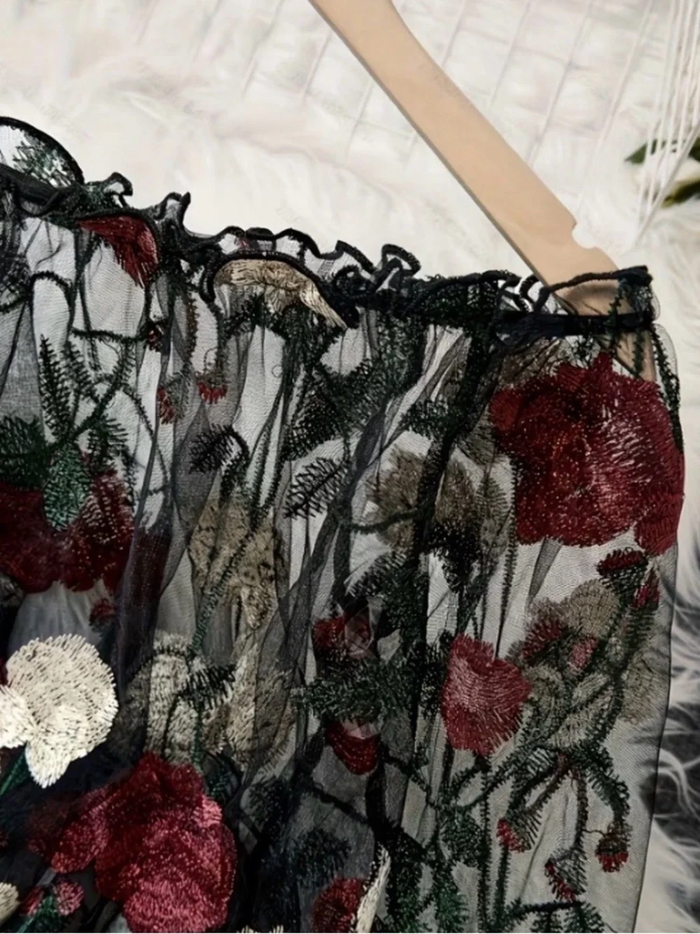 Sheer Off-Shoulder Floral Embroidered Blouse - Black with Red & Cream Flowers